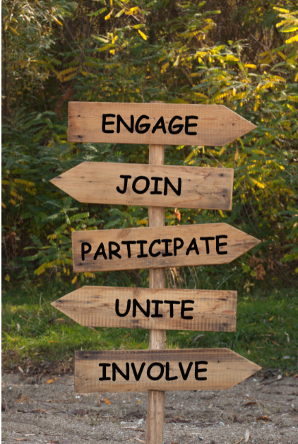 Arrows pointing in different directions with the words engage, join, participate, unite, involve.