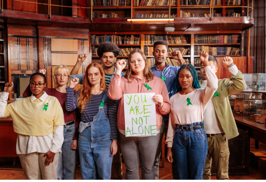 Group of young adults standing together in support of mental health.