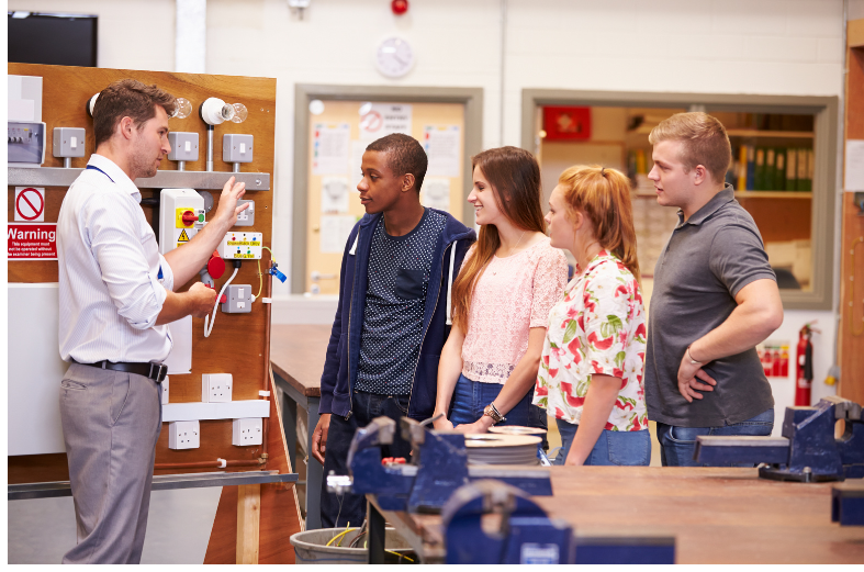 Teacher talking to high school students about electricity.